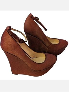 RARE Alexandre Birman Scarpin Prune Fur Textured Wedge Platform Pumps 10 Easter